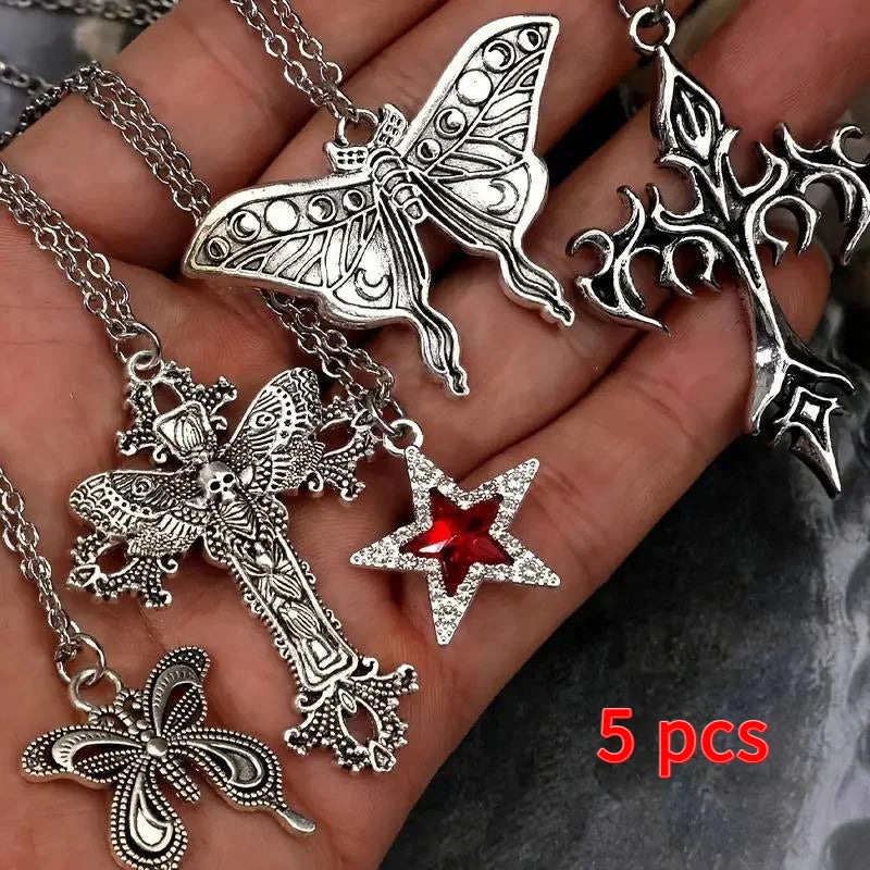 Gothic Pendant Necklace Set 5Pcs – Heart Bat Cross Chain Jewelry