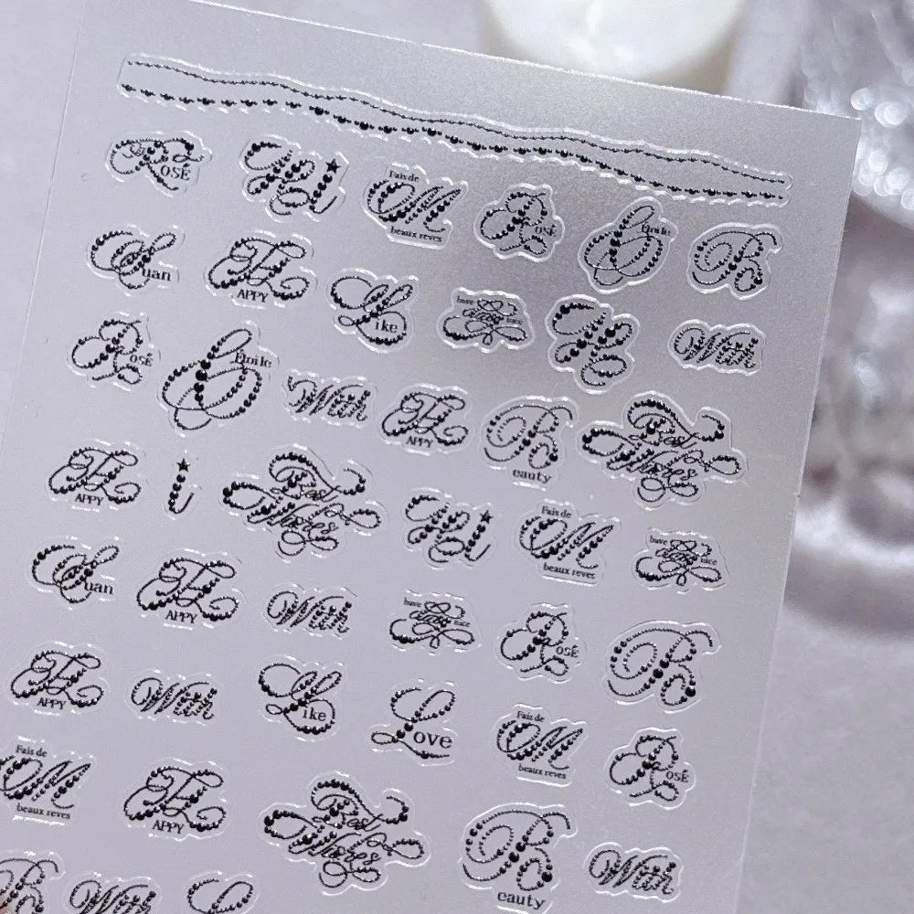 3D Embossed Letter Nail Stickers – Black & White Art Decals