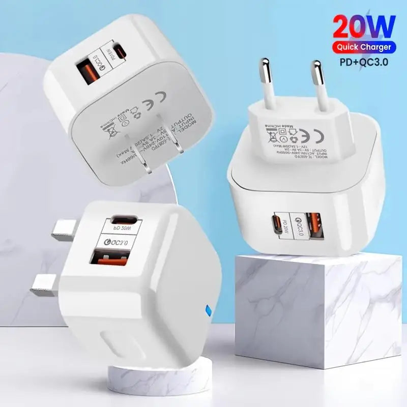20W USB-C PD & QC 3.0 Dual Port Fast Wall Charger EU/US/UK