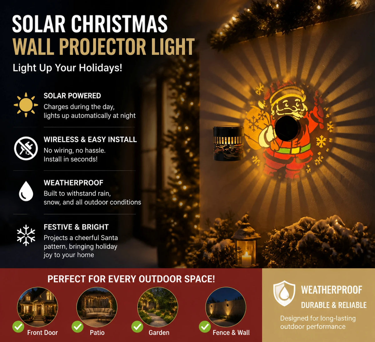 Solar Santa Claus Projection Wall Light | Christmas Garden Lamp