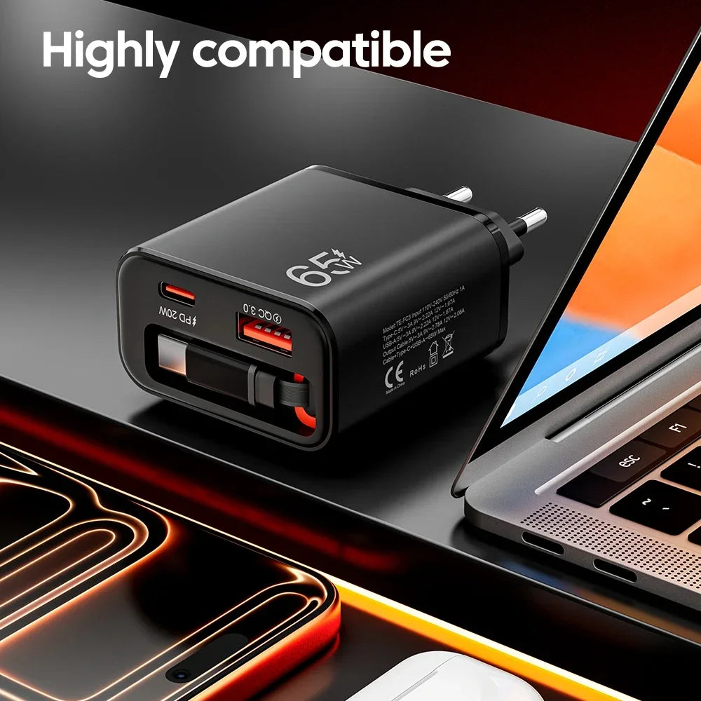 65W USB-C Wall Charger QC 3.0 PD + Retractable Cable