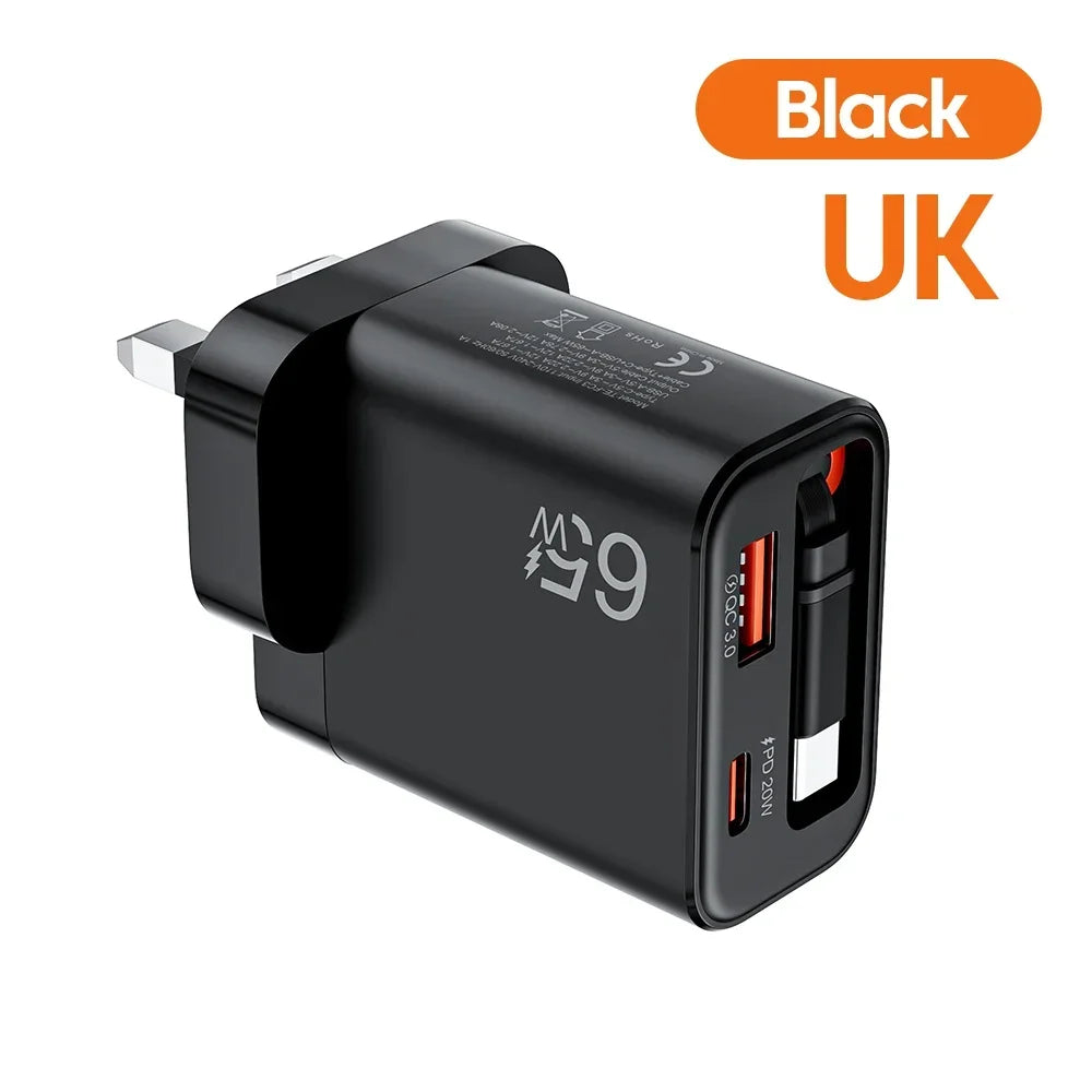 65W USB-C Wall Charger QC 3.0 PD + Retractable Cable