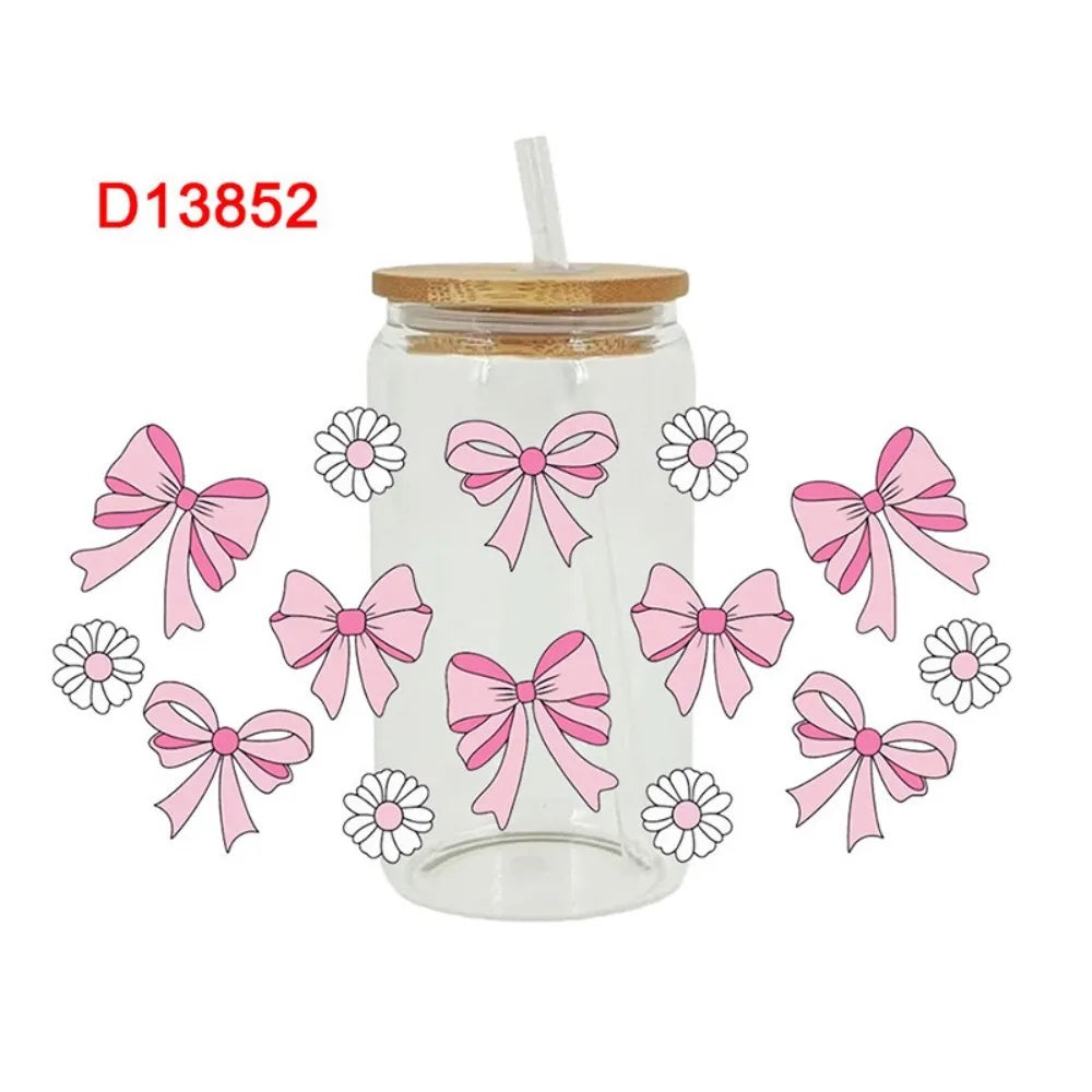 UV DTF Pink Bow Sticker – Waterproof Wrap for 16oz Glass Cups