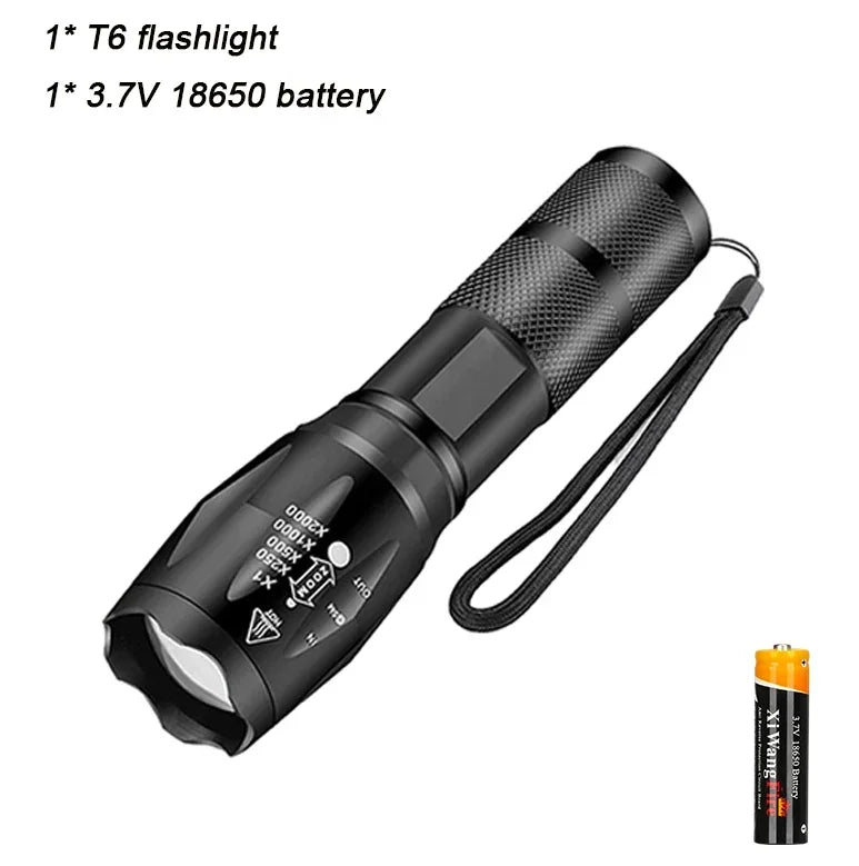 T6 LED Flashlight 1000 Lumen Zoomable 5-Mode Waterproof Torch
