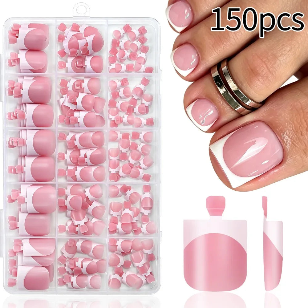 150-Piece Short Square Press-On Toenails – 15 Sizes, Nude & Pink
