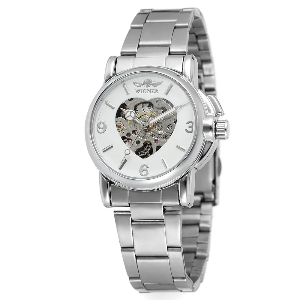 Women's Heart-Shaped Automatic Watch – Gold Hollow Dial