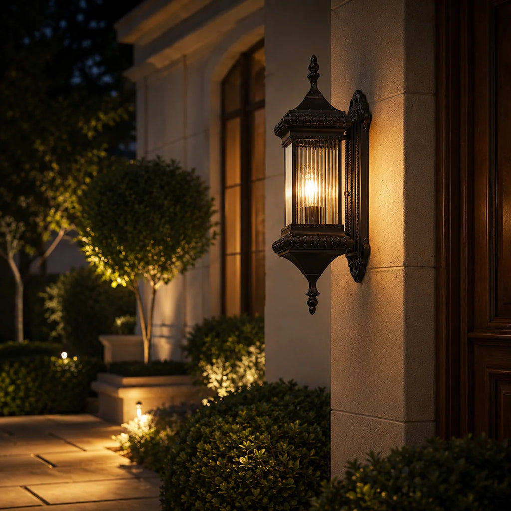 Vintage Lantern Outdoor Wall Light – Black Ribbed Glass Sconce E27