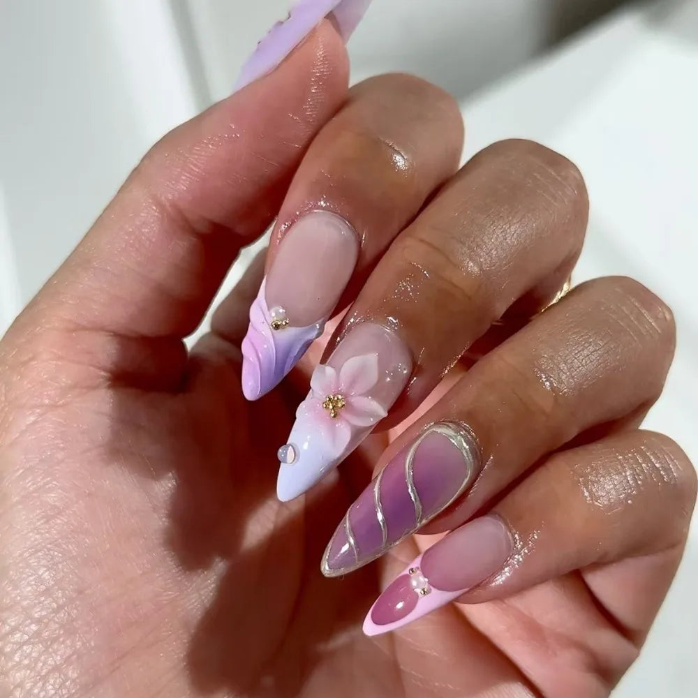 24-Piece Almond Press On Nails – Misty Blue Floral French Style