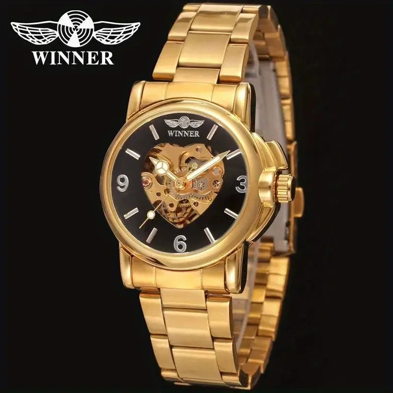 Women's Heart-Shaped Automatic Watch – Gold Hollow Dial