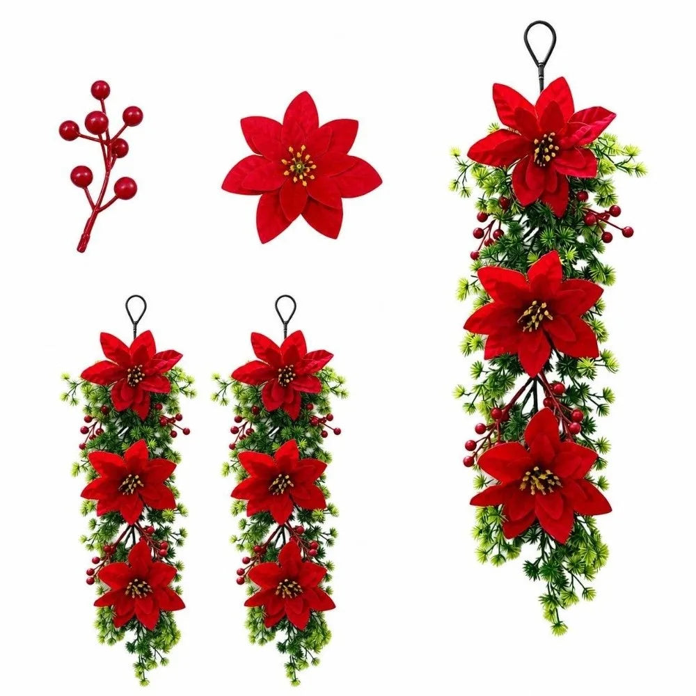 Poinsettia Christmas Swag Garland – Red Berry Pine Wall Decor