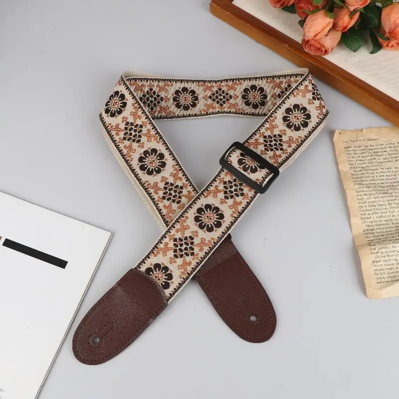 Embroidered Guitar Strap – Adjustable PU Leather & Cotton