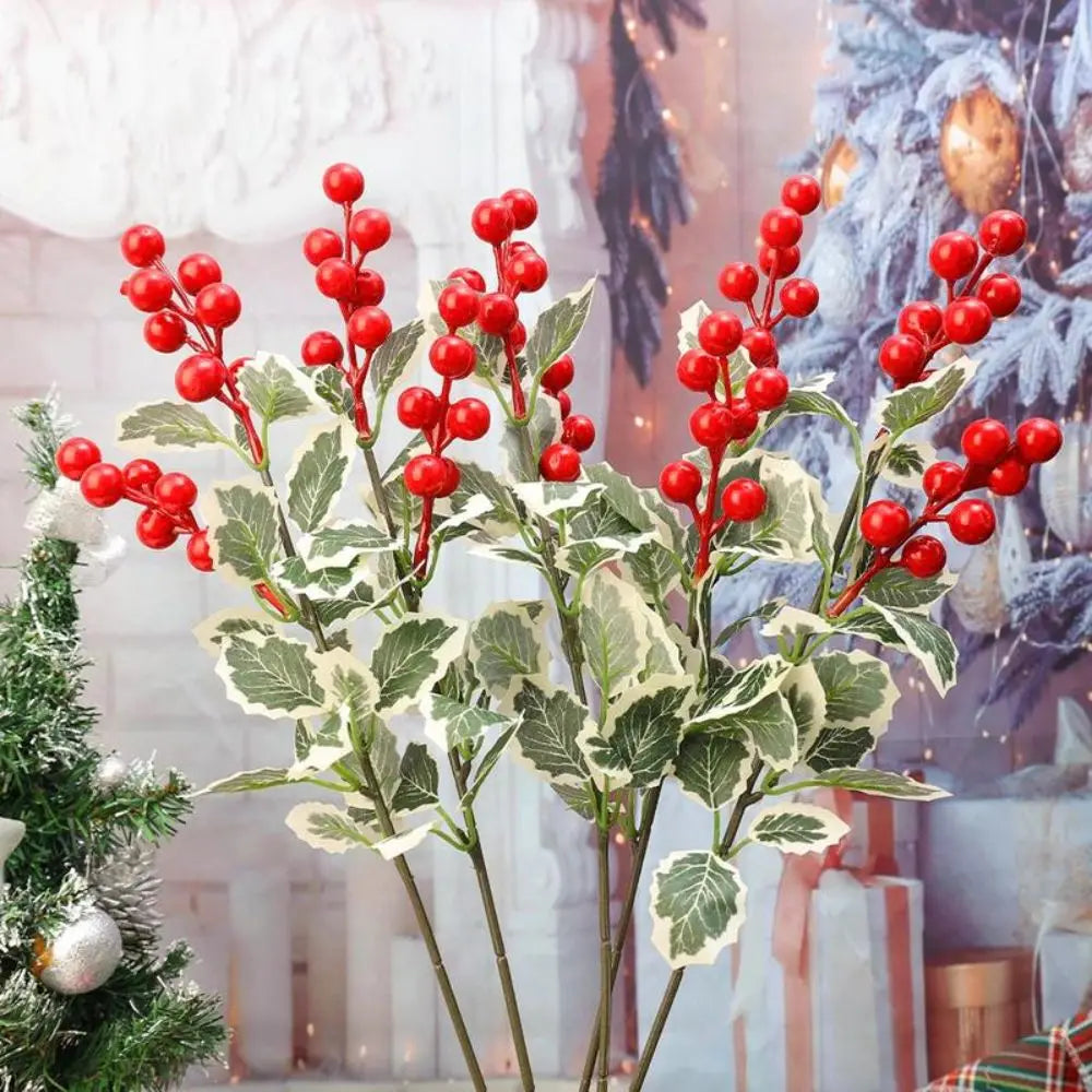 Red Artificial Berry Picks – Frosted Holly Branches, 5-Pack