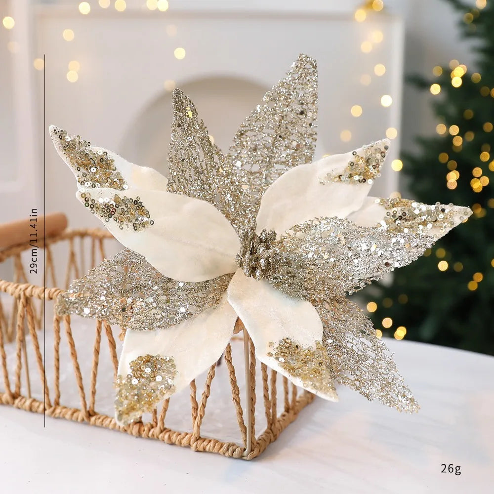 Glitter Christmas Artificial Flower 29cm – Flannel Fabric Xmas Decor