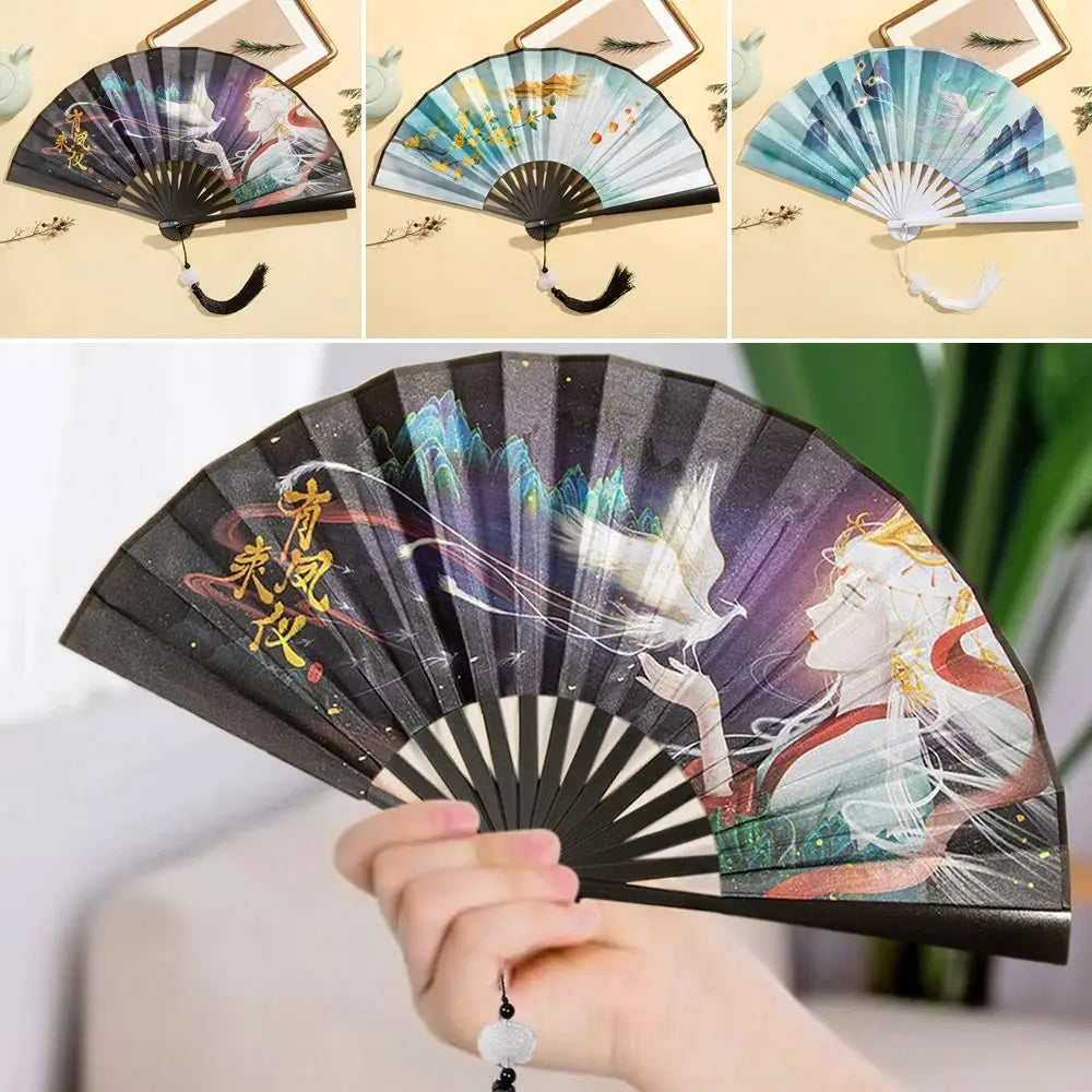 Silk & Bamboo Vintage Folding Hand Fan – Colorful Tassel