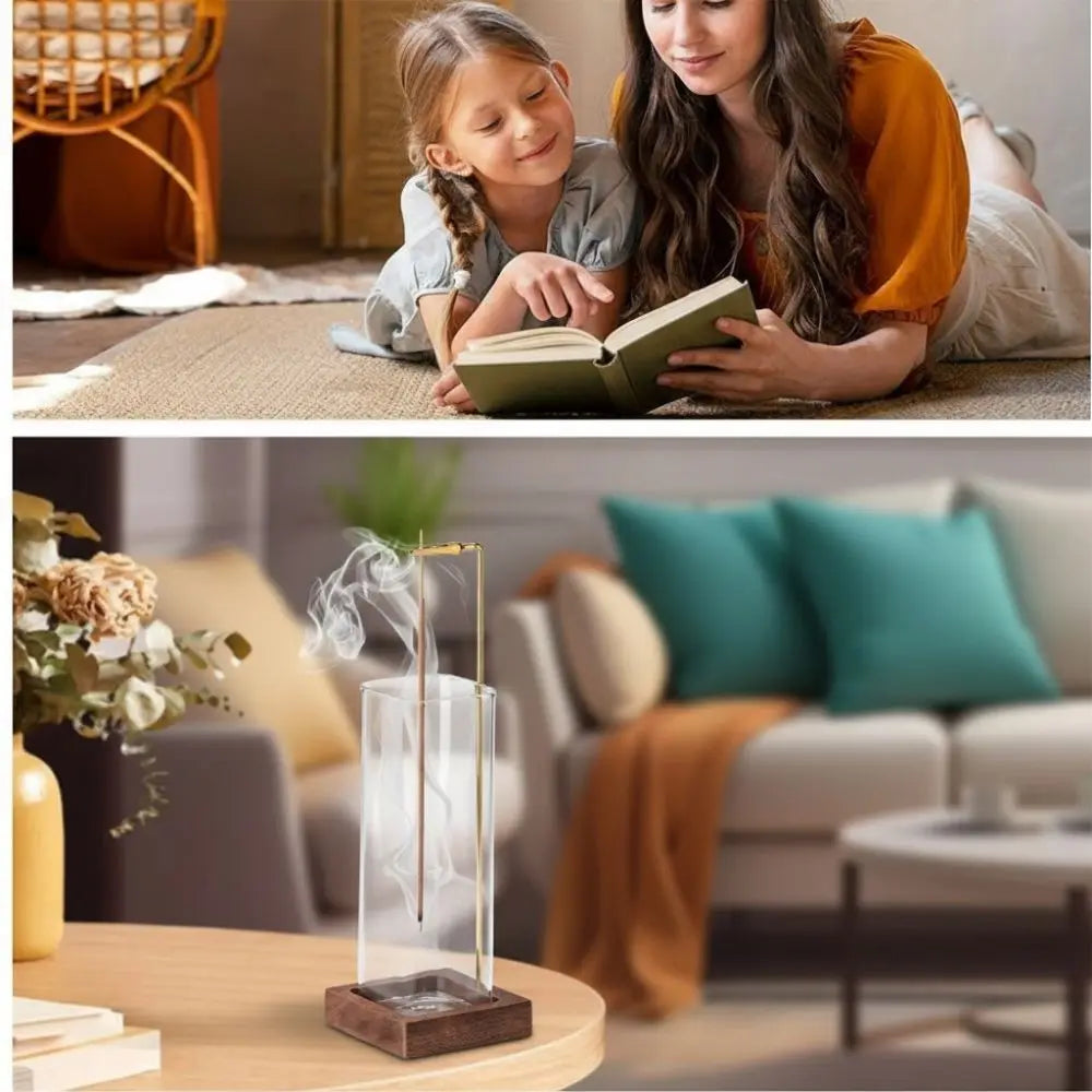 Solid Wood & Glass Incense Stick Holder Burner | Home Décor