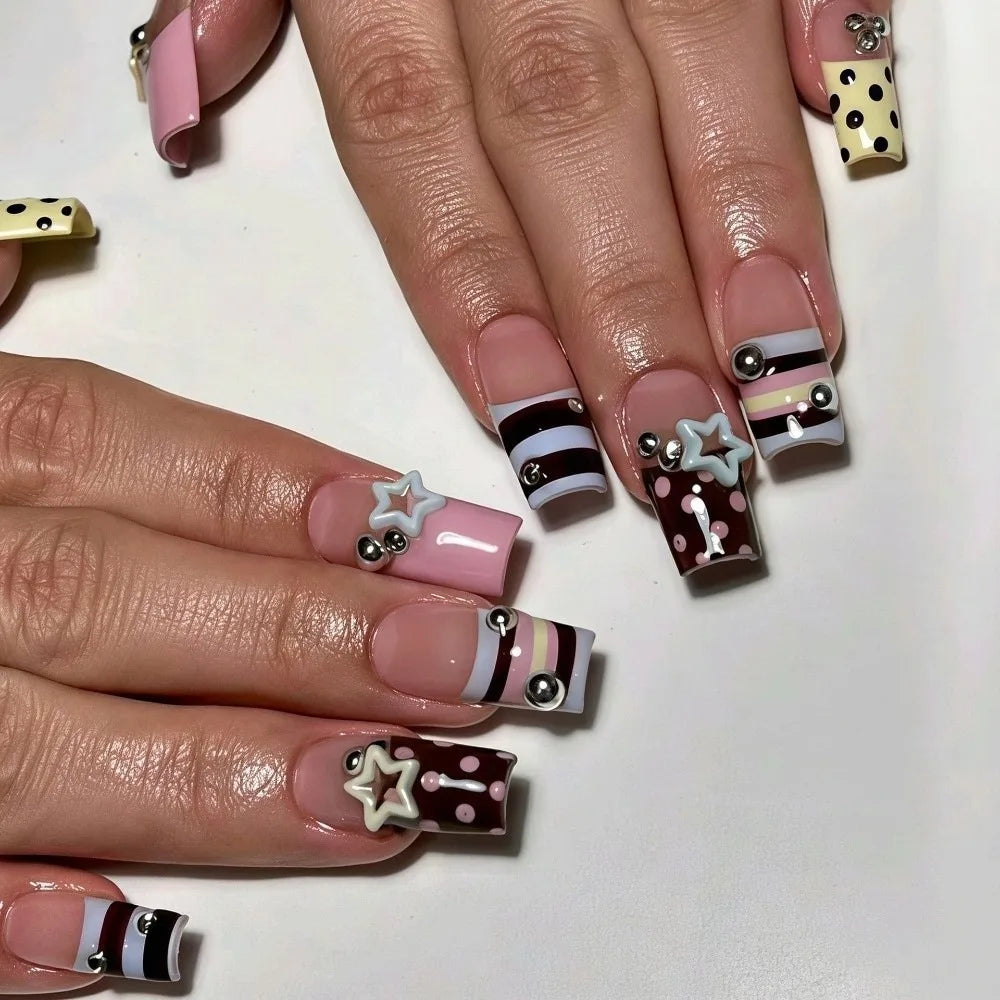 24-Pack Y2K Star Press-On Nails – Colorful Full Cover Tips