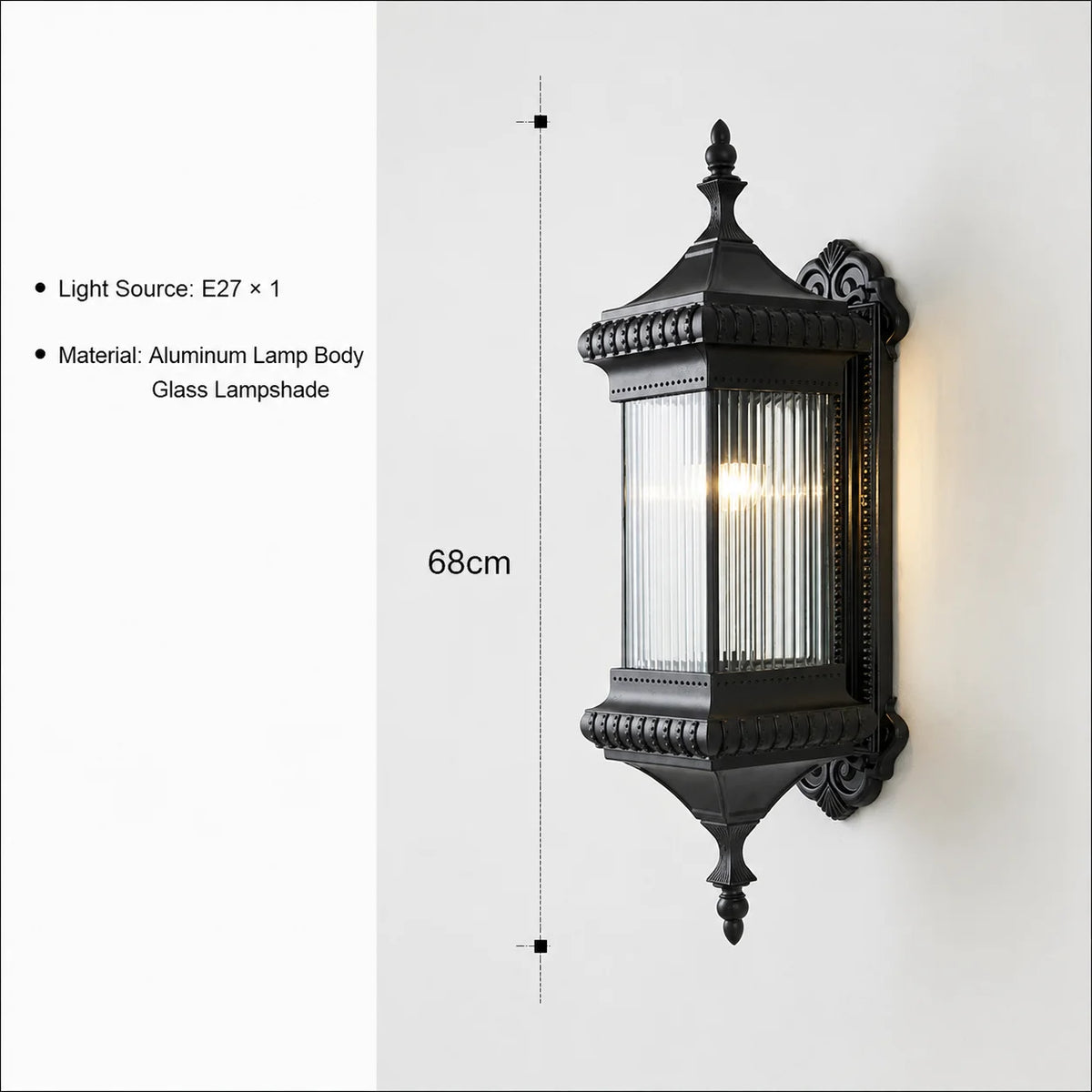 Vintage Lantern Outdoor Wall Light – Black Ribbed Glass Sconce E27