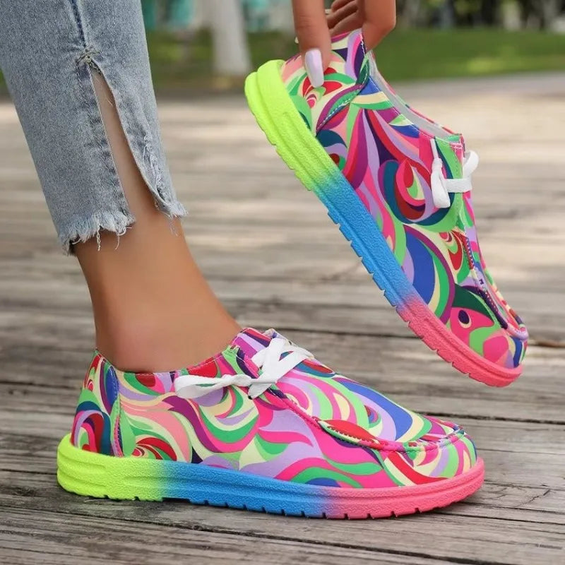 Women's Rainbow Canvas Flat Sneakers – Lace-Up Casual Shoes