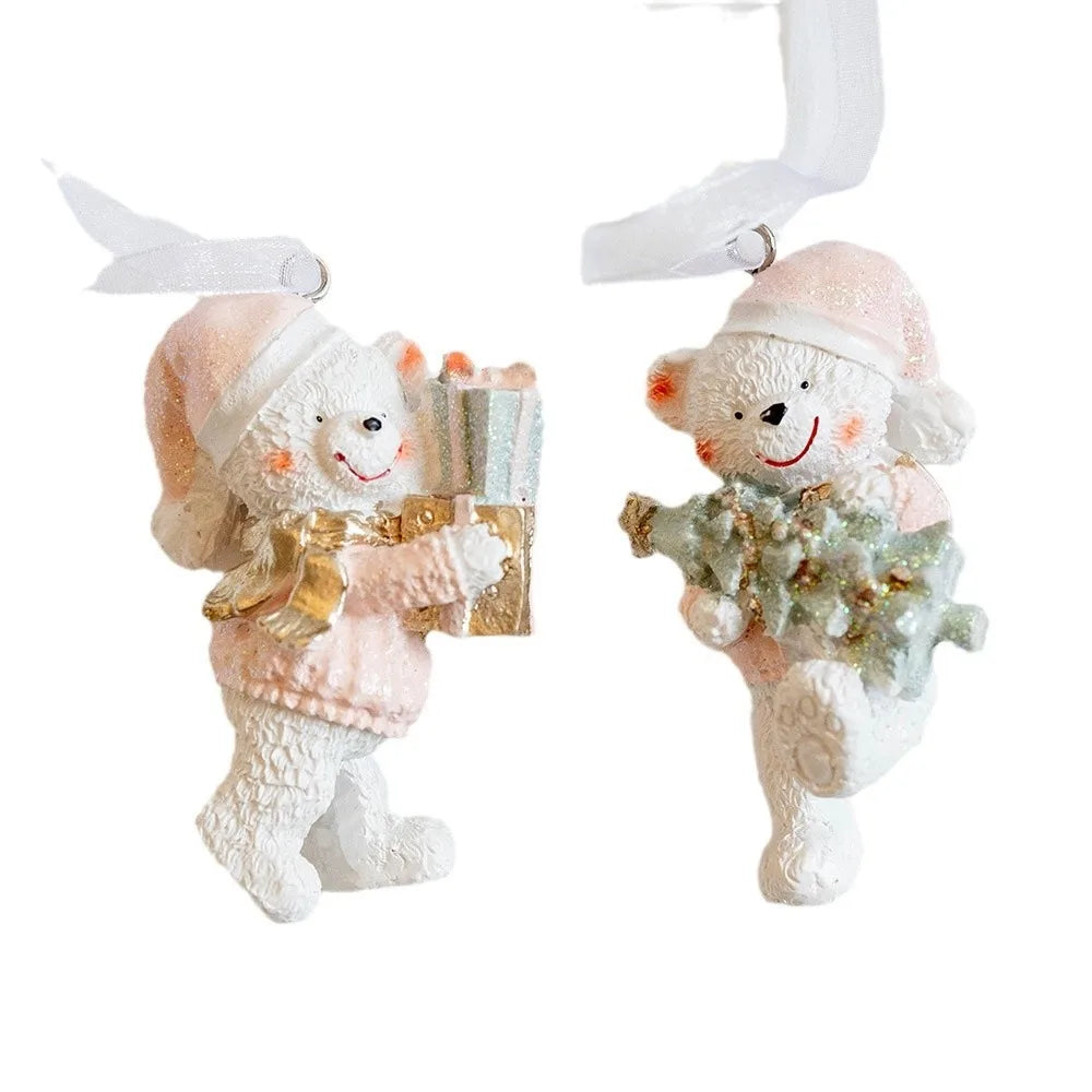 Resin Bear Christmas Ornaments – Pink Couple Set of 2