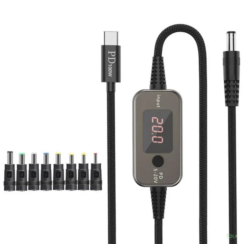 USB-C to DC5521 PD 100W Cable – 5V–20V Adjustable, 8 Tips