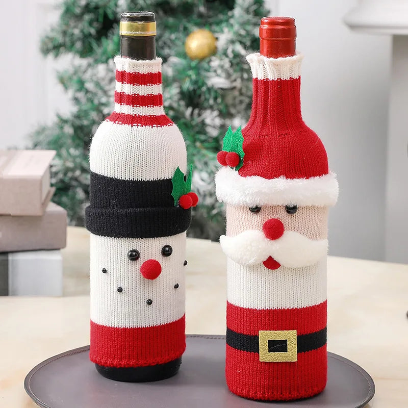 Christmas Santa Knitted Wine Bottle Cover | Holiday Sleeve