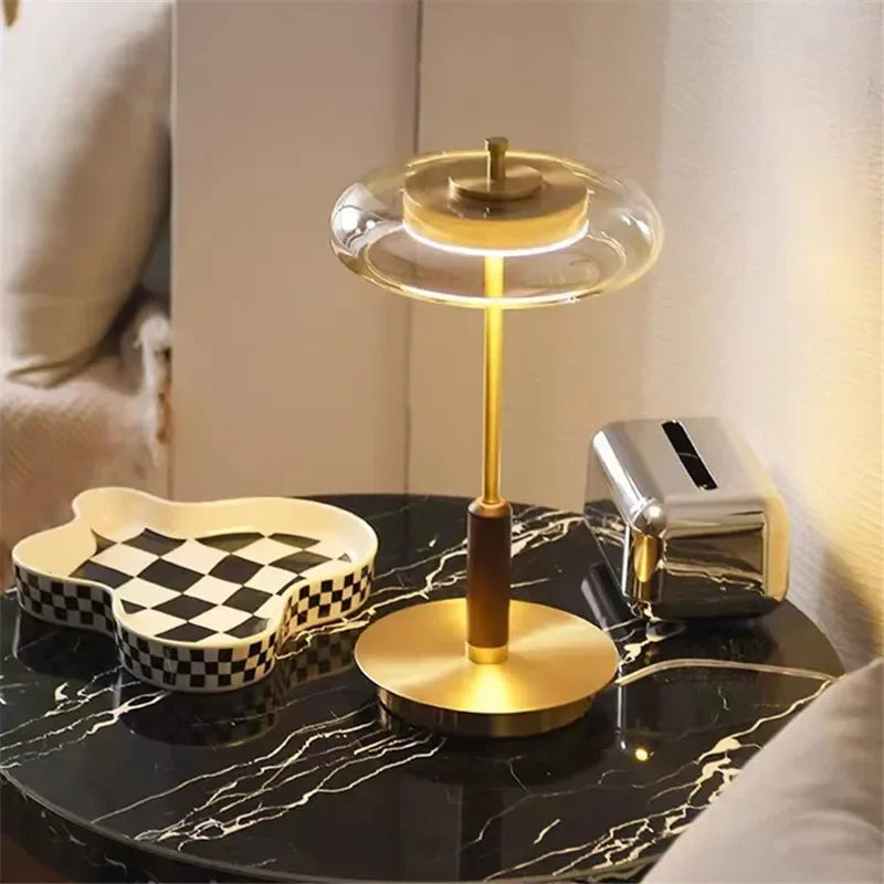 Vintage Mushroom Table Lamp – Walnut Brass Gold LED Bedside Light