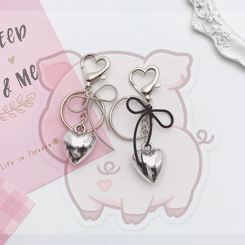 Y2K Silver Bowknot Heart Keychain – Metal Keyring & Bag Charm