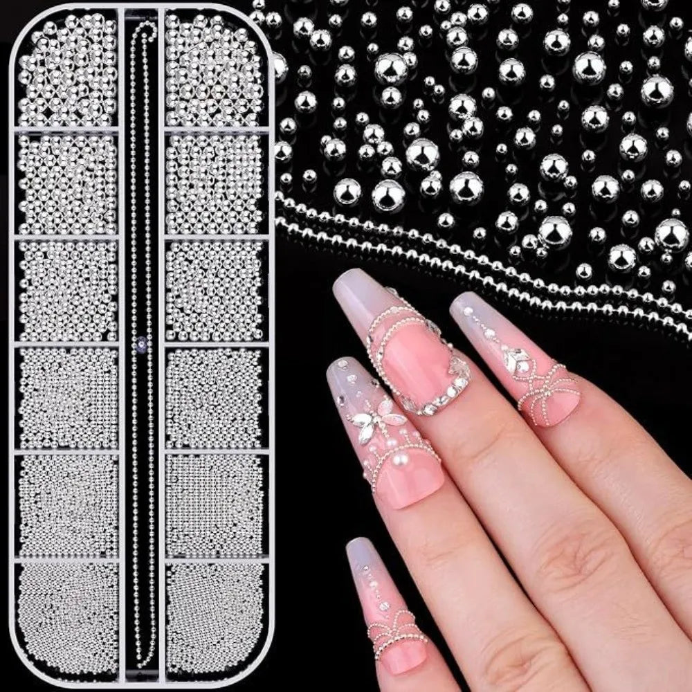 12-Grid 3D Nail Art Studs – Metal Beads, Pearl & Charms Set