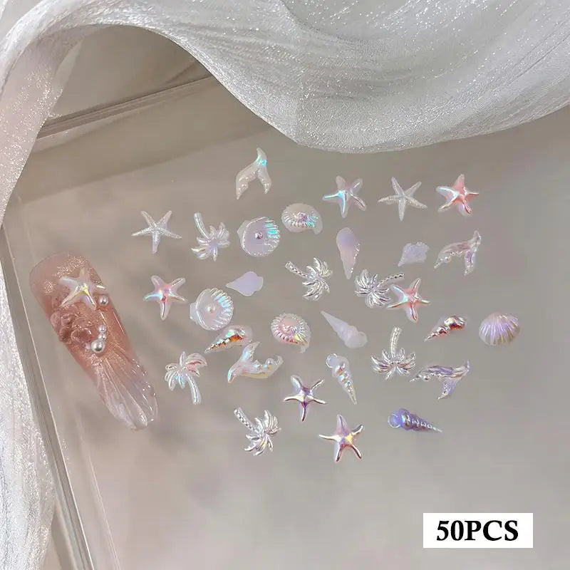 50-Pc Ocean Nail Charms Aurora Shell Starfish Mermaid DIY Set