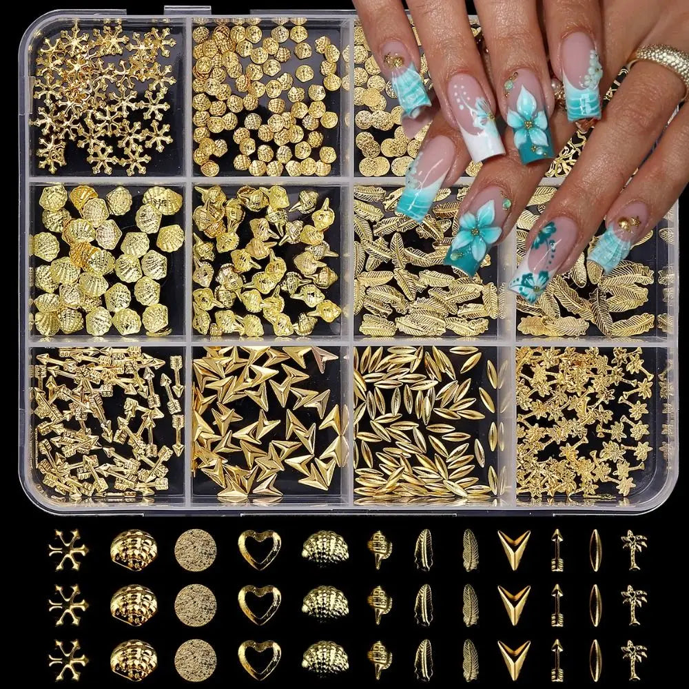 3D Ocean Metal Nail Art Studs – 12 Shapes Gold & Silver Charms