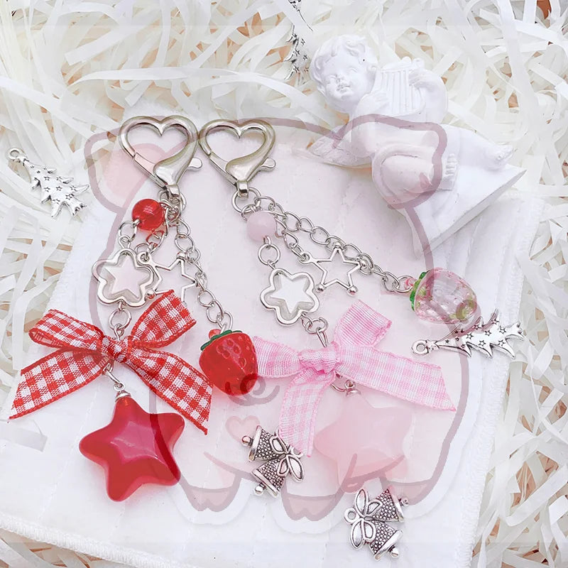 Strawberry Bow Beaded Keychain – Cute Phone & Bag Charm