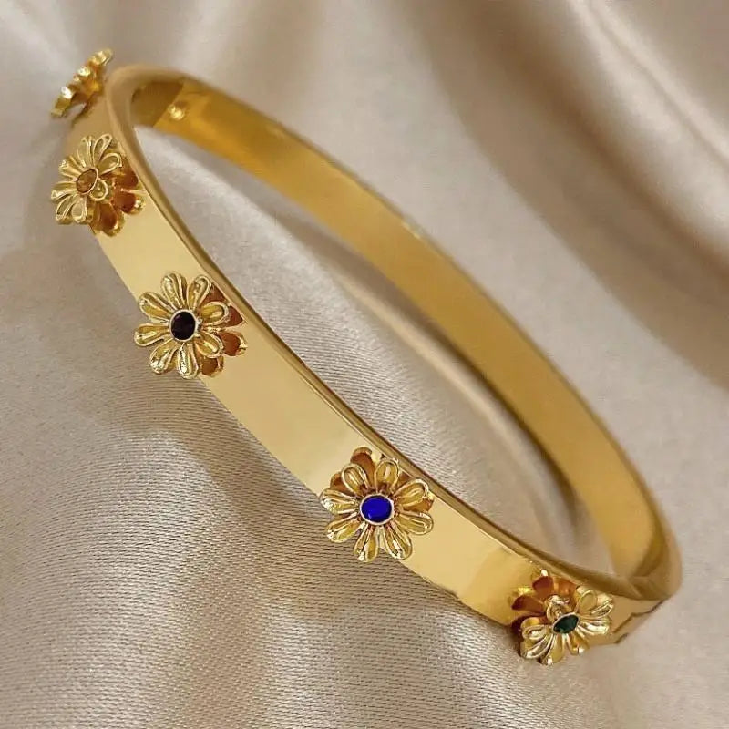 Titanium Steel Flower Rhinestone Cuff Bangle Bracelet for Women