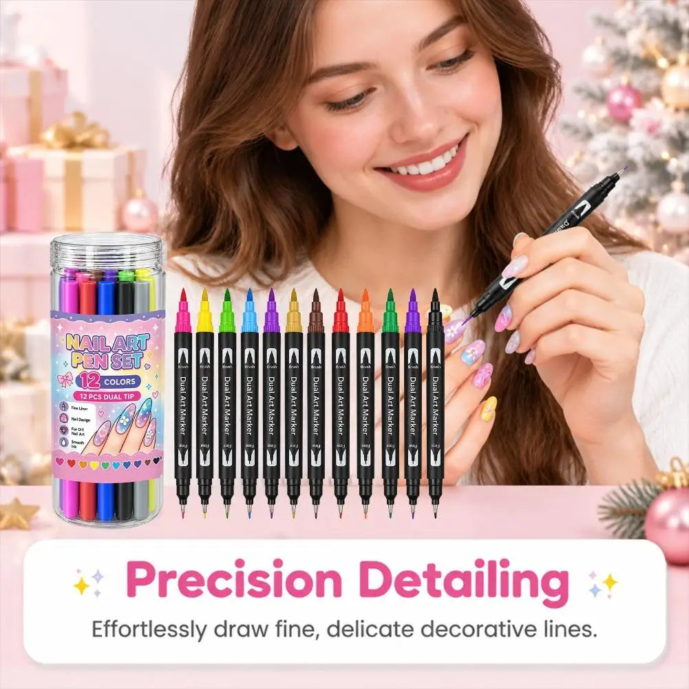 12/24 Color Dual-Tip Nail Art Pen Set – Quick-Dry Acrylic Markers