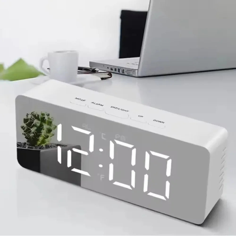 LED Mirror Digital Alarm Clock – USB Night Light Desk Clock