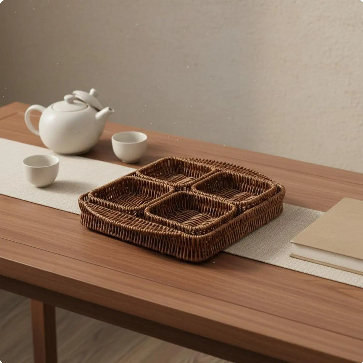 4-Compartment Woven Snack Serving Platter | Removable Dividers