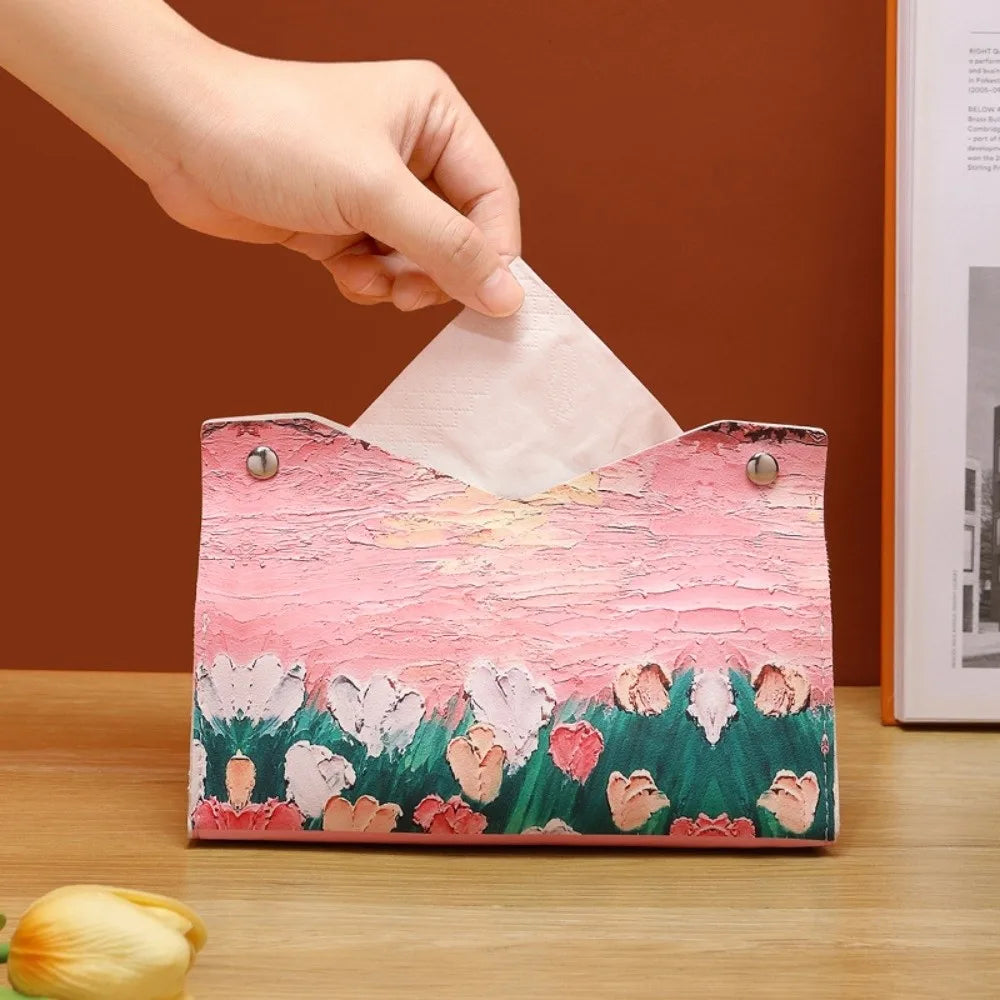 Vintage PU Leather Tissue Box Cover – Oil Painting Decor