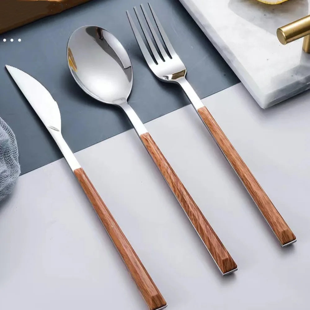 Wood Grain Stainless Steel Cutlery Set – Spoon Fork Knife