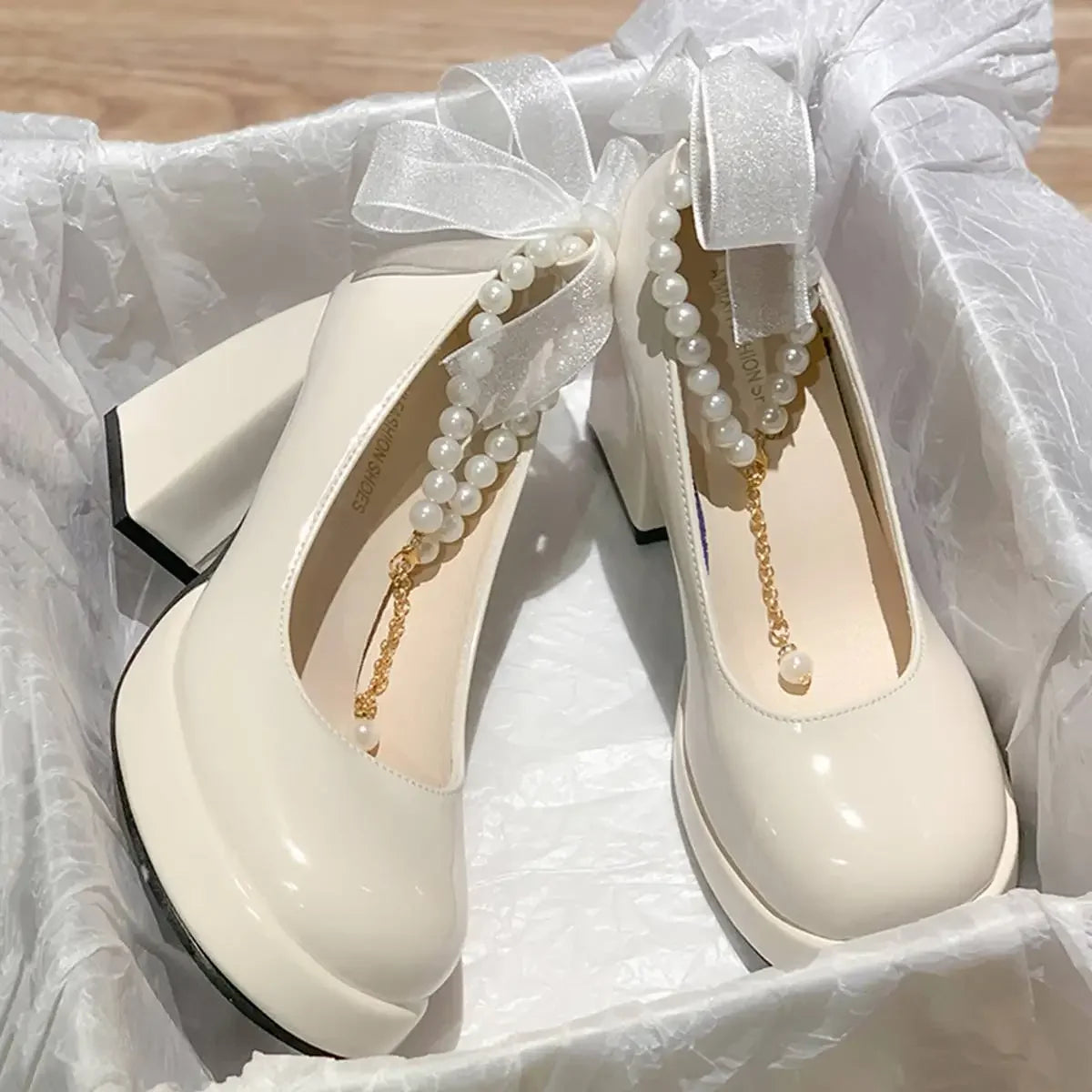 LEDP Pearl Bow Mary Jane Pumps – Women's Square Heel Party Shoes