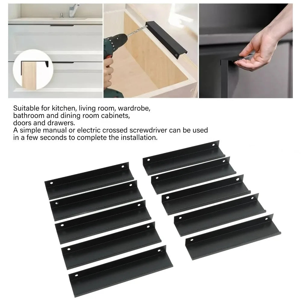 10-Pack Black Aluminum Cabinet Edge Pulls | Concealed Drawer Handles