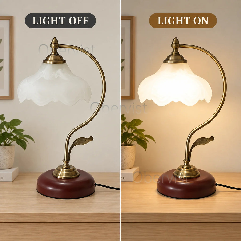 Vintage Nordic Table Lamp – Frosted Glass Flower Shade | E27