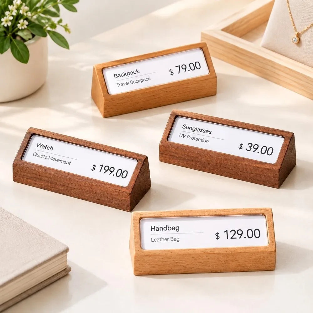 Wooden Price Tag Holder – Beech & Walnut Desk Label Stand