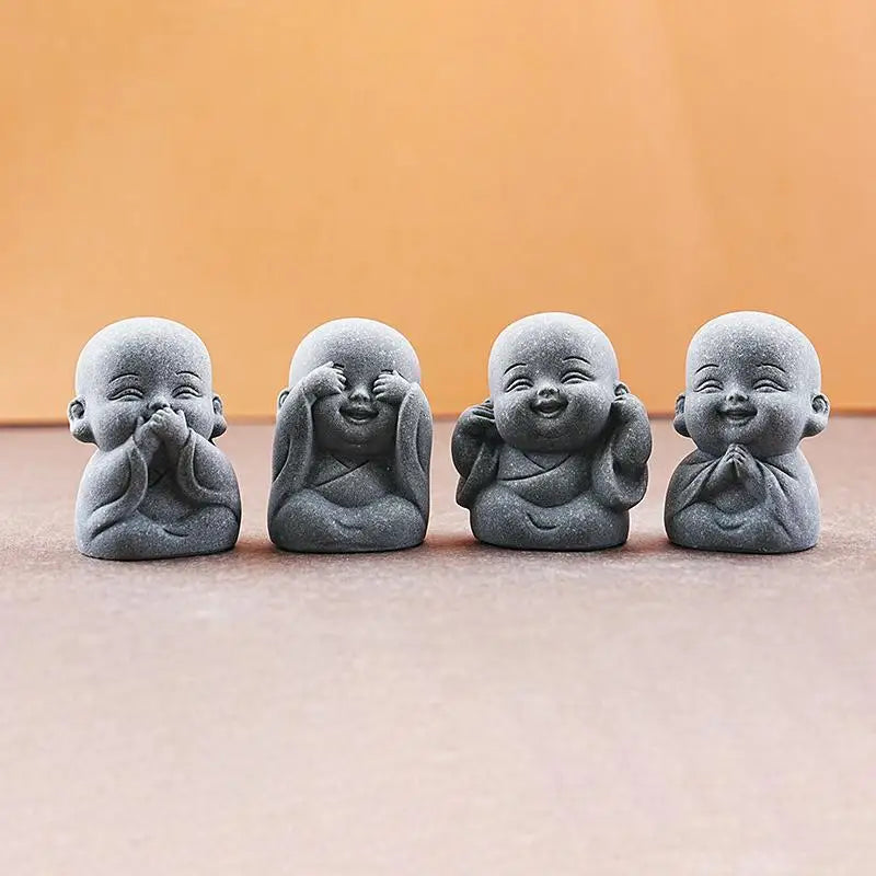 Zen Little Monk Statues – Resin Buddhist Figurines, 1 or 4 Pc