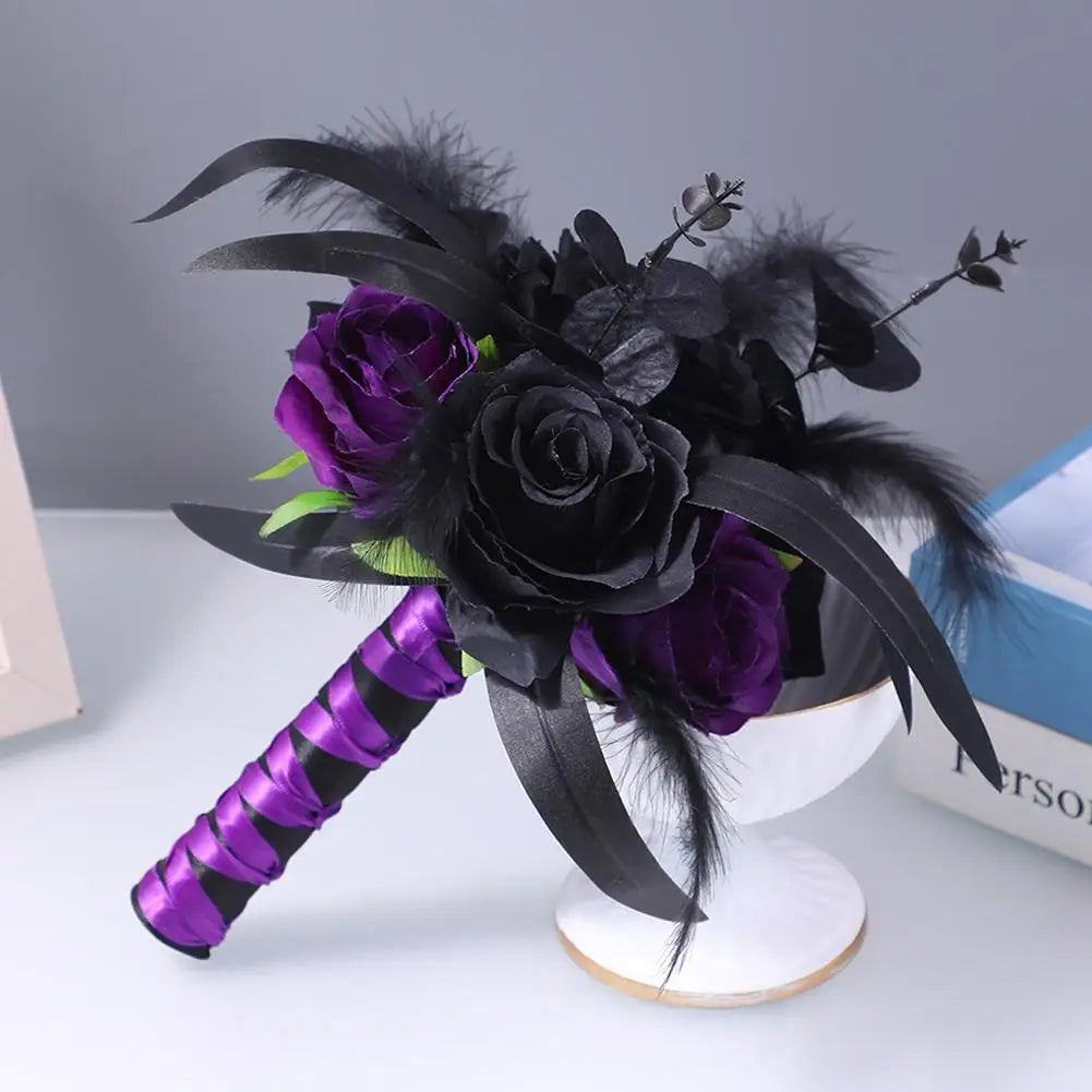 Gothic Black Burgundy Bridal Bouquet – Silk Rose Wedding Flowers