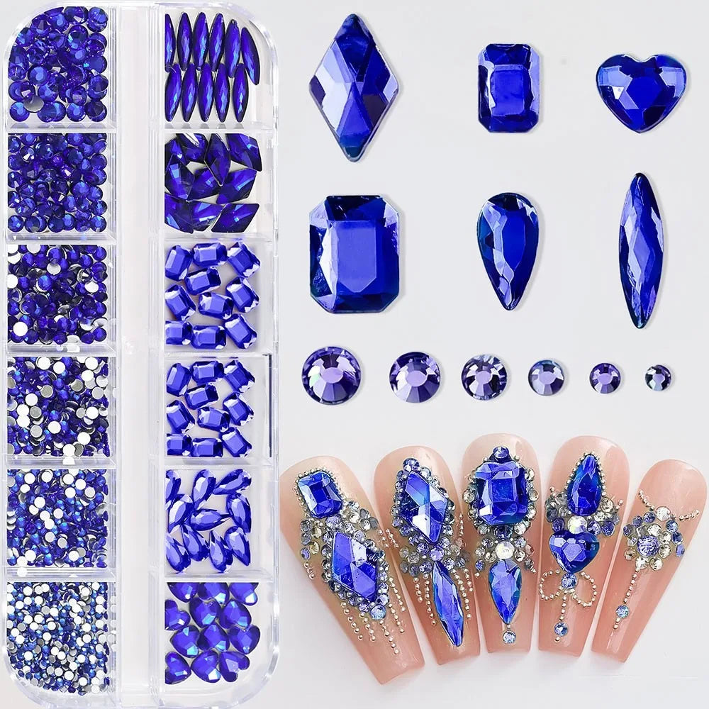 12-Grid 3D Nail Art Rhinestones – Mixed Flatback Gems & Charms