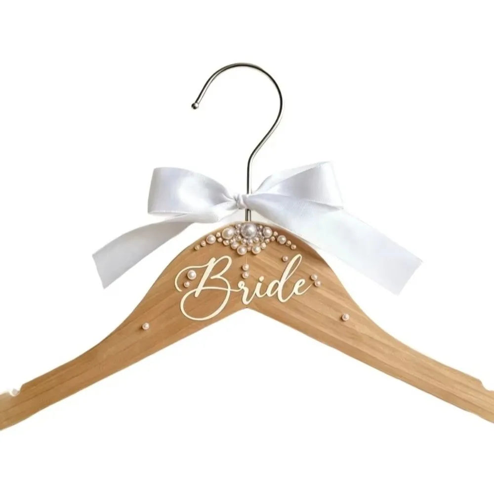 Wooden Bridal Hanger – Faux Pearl Butterfly Knot & Ribbon