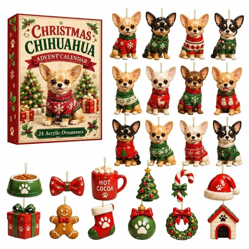 24-Piece Pug Advent Calendar – Acrylic Christmas Ornaments