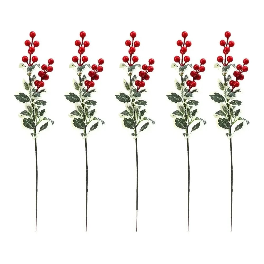Red Artificial Berry Picks – Frosted Holly Branches, 5-Pack