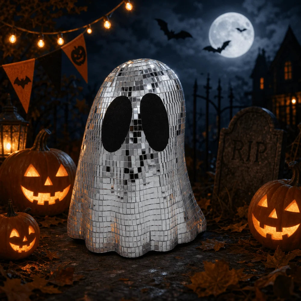 Silver Mirror Ghost Disco Ball Ornament | Halloween Décor