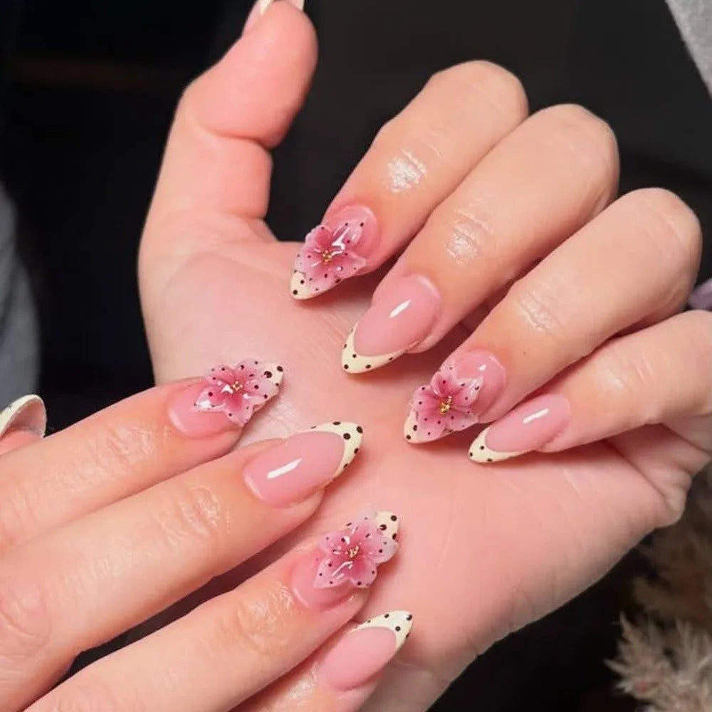 24-Pack French Almond Press On Nails – Pink Flower Full Cover