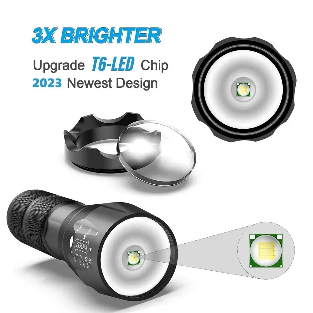 T6 LED Flashlight 1000 Lumen Zoomable 5-Mode Waterproof Torch
